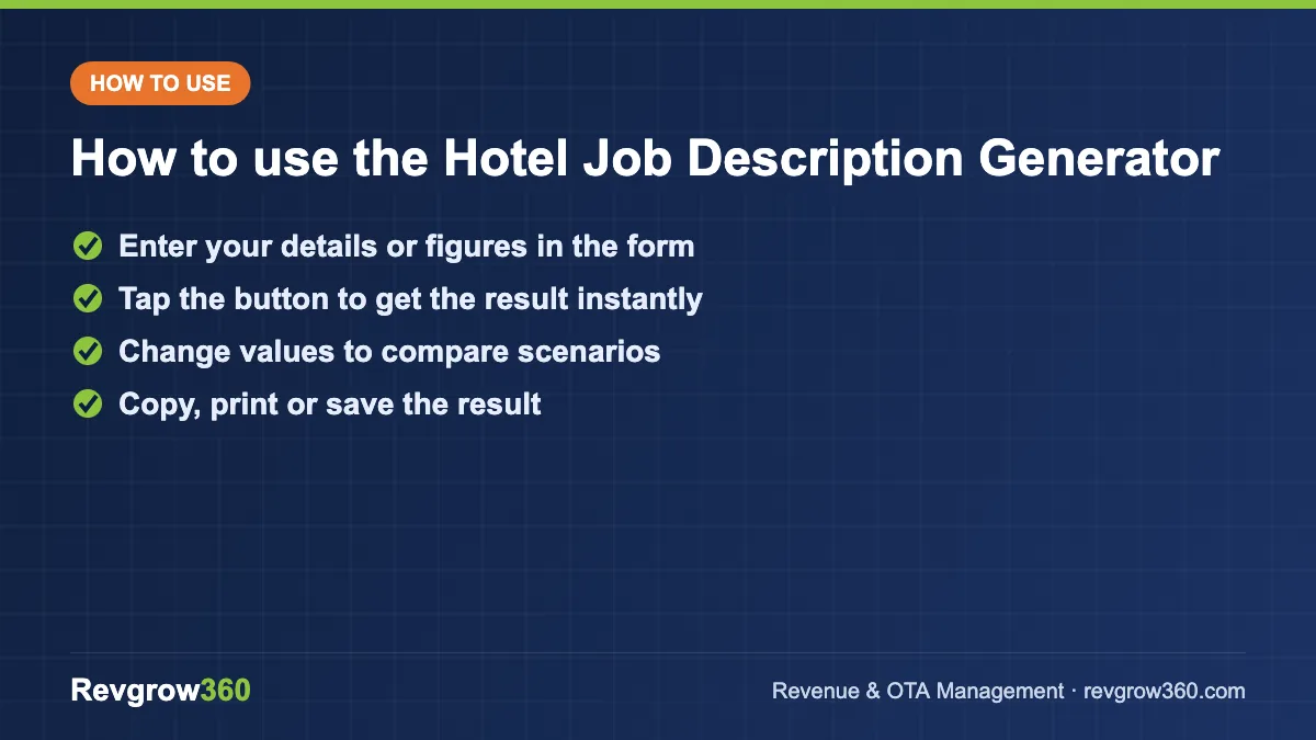 hotel job description generator tool steps how to use the hotel job description generator